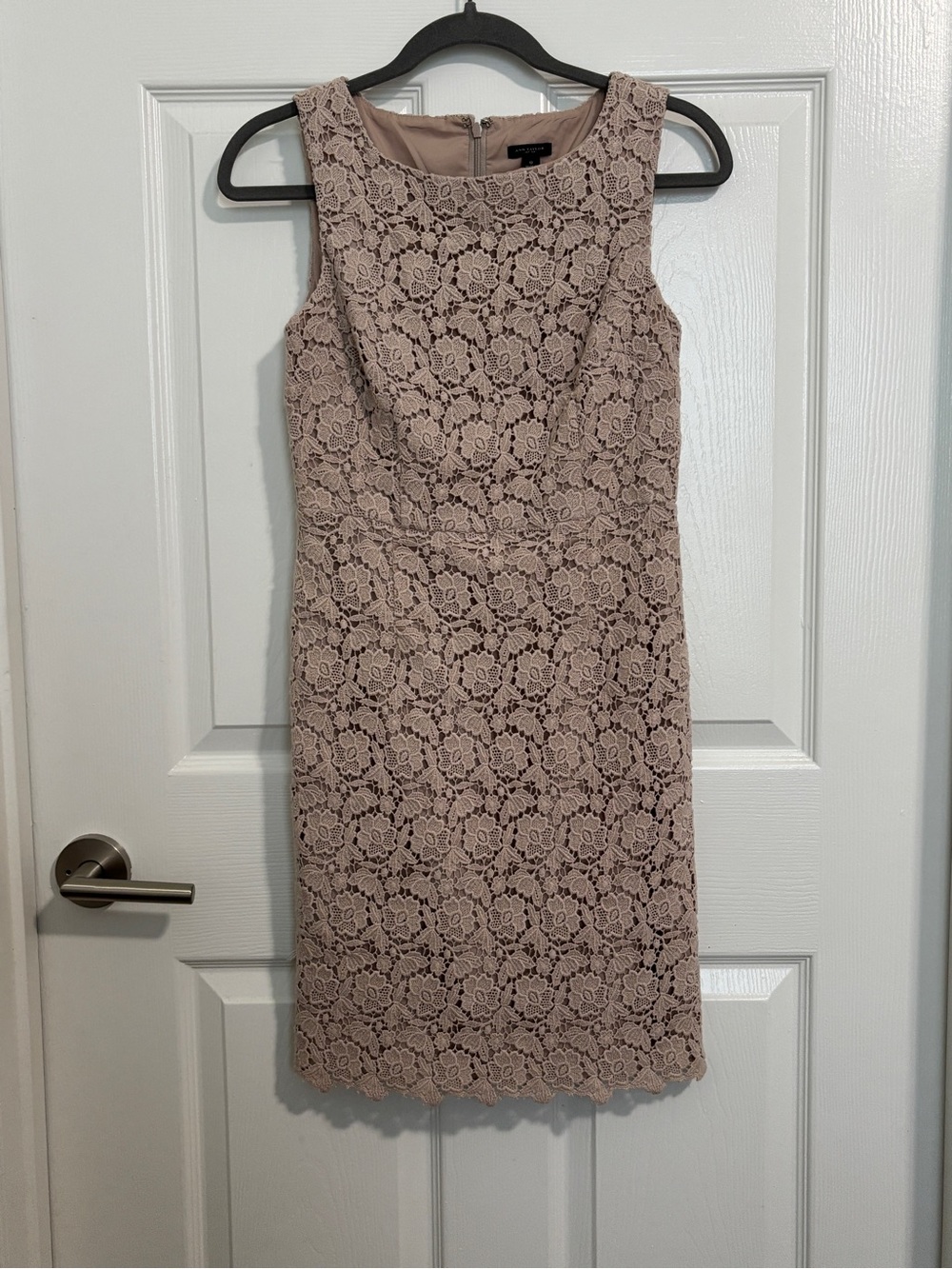 Ann Taylor Size 0 Taupe Cotton Lace 100% Silk Overlay Sheath Midi Dress Lined